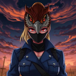 Riza Hawkeye from Fullmetal Alchemist, depicted wearing a striking hawk mask that captures her sharp instincts and determination, combined with vivid red eyes that convey intensity and focus