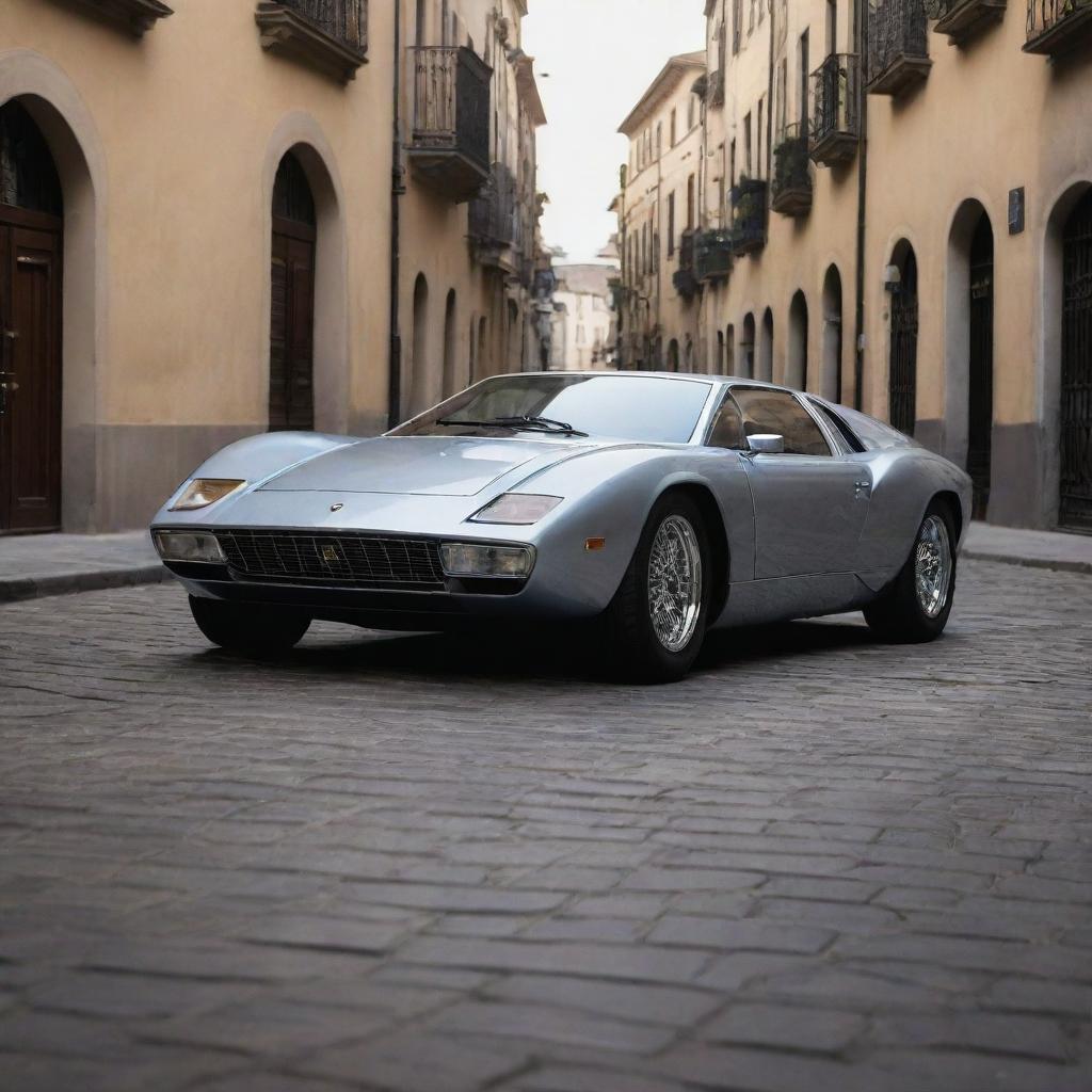 Imagine a Lamborghini with 1940s design aesthetics; sleek lines, chrome accents, elongated front, with the boldness of Lamborghini, set against a backdrop of an old city street