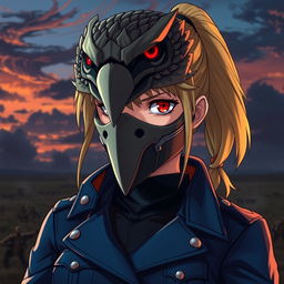 Riza Hawkeye from Fullmetal Alchemist, portrayed wearing an intricate hawk mask that conveys her fierce determination and sharp instincts