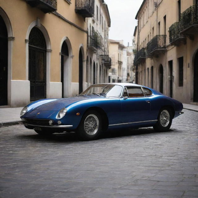 Imagine a Lamborghini with 1940s design aesthetics; sleek lines, chrome accents, elongated front, with the boldness of Lamborghini, set against a backdrop of an old city street