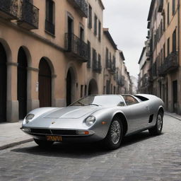 Imagine a Lamborghini with 1940s design aesthetics; sleek lines, chrome accents, elongated front, with the boldness of Lamborghini, set against a backdrop of an old city street