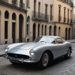 Imagine a Lamborghini with 1940s design aesthetics; sleek lines, chrome accents, elongated front, with the boldness of Lamborghini, set against a backdrop of an old city street