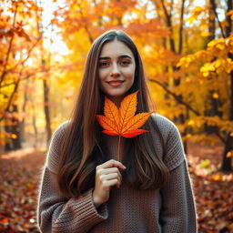 A young woman standing in a vibrant autumn forest, holding an orange maple leaf