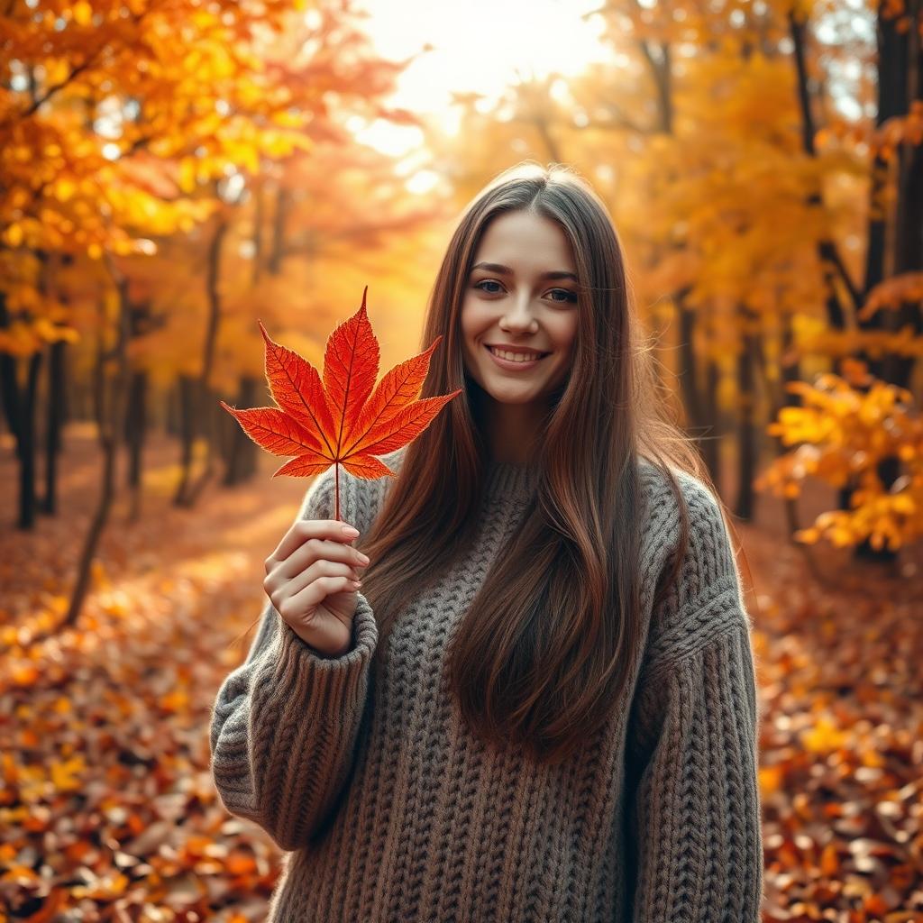 A young woman standing in a vibrant autumn forest, holding an orange maple leaf