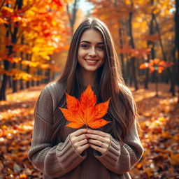 A young woman standing in a vibrant autumn forest, holding an orange maple leaf