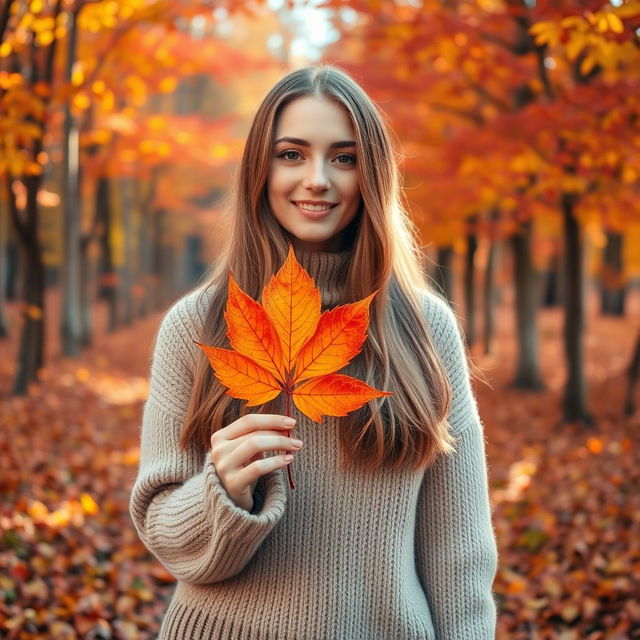 A young woman standing in a vibrant autumn forest, holding an orange maple leaf