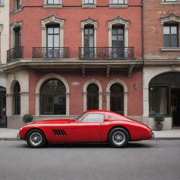 A 1940s-styled Ferrari with traditional elongated shape, chrome trimmings, and the signature Ferrari red color, parked on a street surrounded by vintage architecture