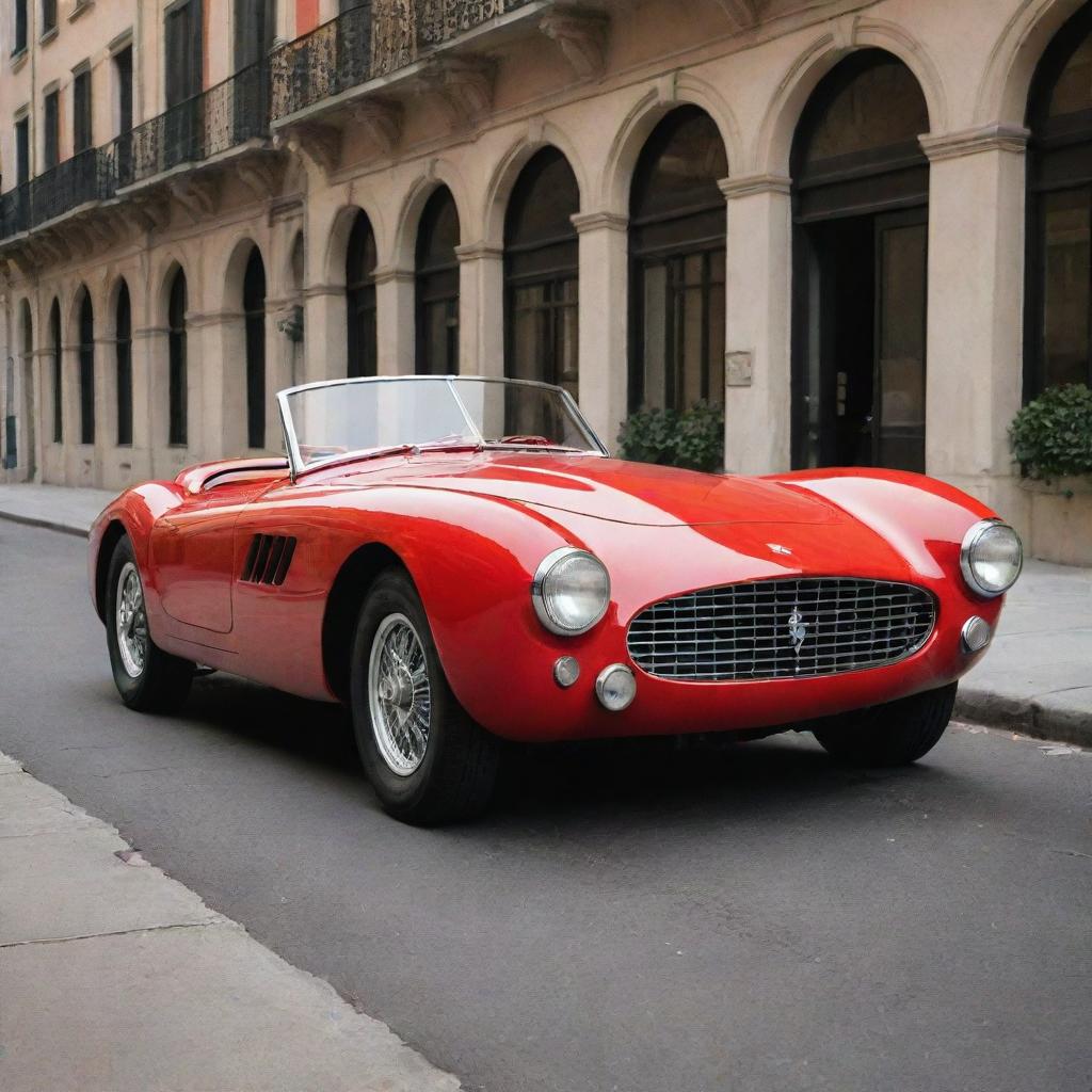 A 1940s-styled Ferrari with traditional elongated shape, chrome trimmings, and the signature Ferrari red color, parked on a street surrounded by vintage architecture