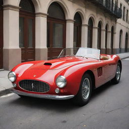 A 1940s-styled Ferrari with traditional elongated shape, chrome trimmings, and the signature Ferrari red color, parked on a street surrounded by vintage architecture