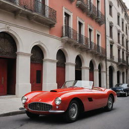 A 1940s-styled Ferrari with traditional elongated shape, chrome trimmings, and the signature Ferrari red color, parked on a street surrounded by vintage architecture