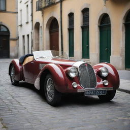 Visualize a 1940s' Bugatti with its characteristic curves, bold grill, glossy finish, resting on a cobblestone street in a historic European town