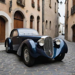 Visualize a 1940s' Bugatti with its characteristic curves, bold grill, glossy finish, resting on a cobblestone street in a historic European town