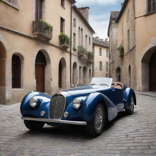 Visualize a 1940s' Bugatti with its characteristic curves, bold grill, glossy finish, resting on a cobblestone street in a historic European town