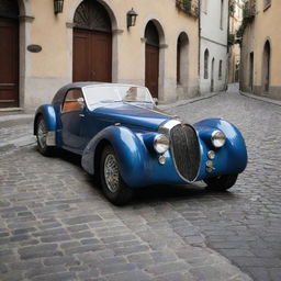 Visualize a 1940s' Bugatti with its characteristic curves, bold grill, glossy finish, resting on a cobblestone street in a historic European town