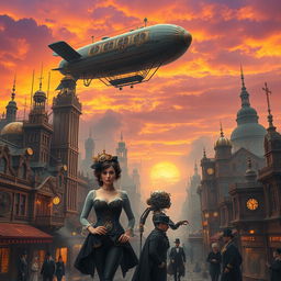 A captivating steampunk scene featuring an intricate airship soaring above a retro-futuristic cityscape, with towering brass and copper buildings adorned with gears and clockwork mechanisms