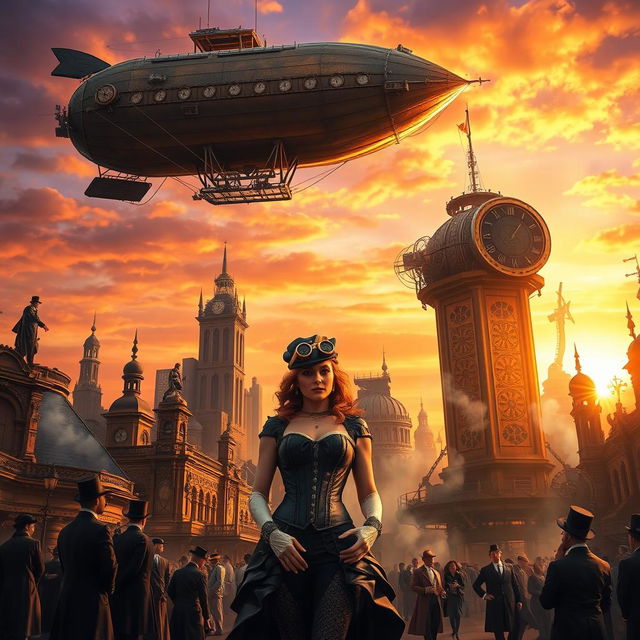 A captivating steampunk scene featuring an intricate airship soaring above a retro-futuristic cityscape, with towering brass and copper buildings adorned with gears and clockwork mechanisms