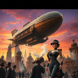 A captivating steampunk scene featuring an intricate airship soaring above a retro-futuristic cityscape, with towering brass and copper buildings adorned with gears and clockwork mechanisms
