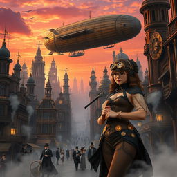 A captivating steampunk scene featuring an intricate airship soaring above a retro-futuristic cityscape, with towering brass and copper buildings adorned with gears and clockwork mechanisms