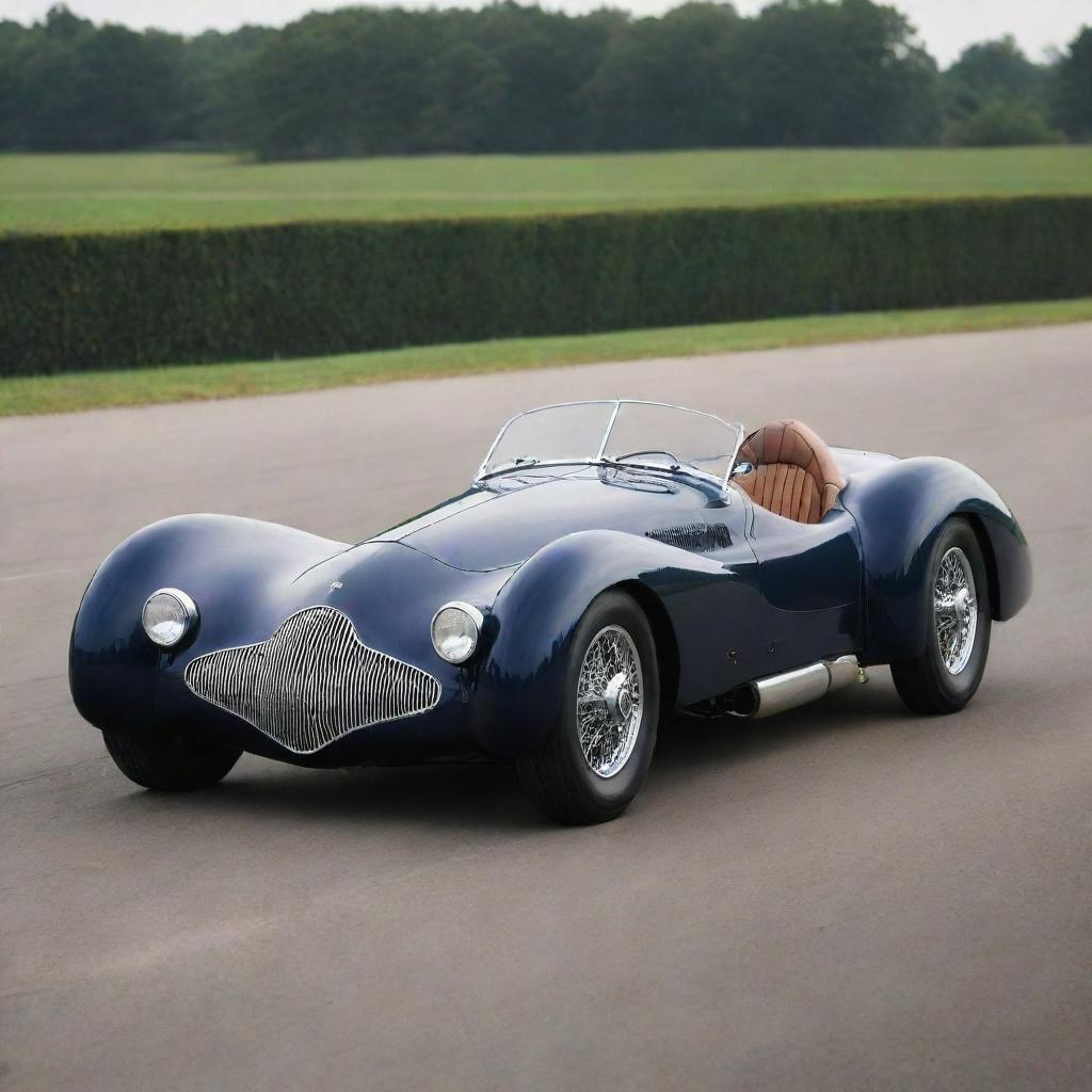 Visualize a 1940s-style McLaren with streamlined curves, polished chrome accents, racing stripes, set on an old race track.