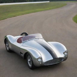 Visualize a 1940s-style McLaren with streamlined curves, polished chrome accents, racing stripes, set on an old race track.