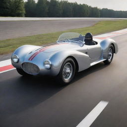 Visualize a 1940s-style McLaren with streamlined curves, polished chrome accents, racing stripes, set on an old race track.