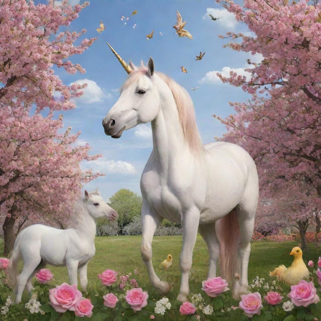 A playful scene with a unicorn, a chick, surrounded by blooming roses and cherry blossoms under a lucky clover sky.