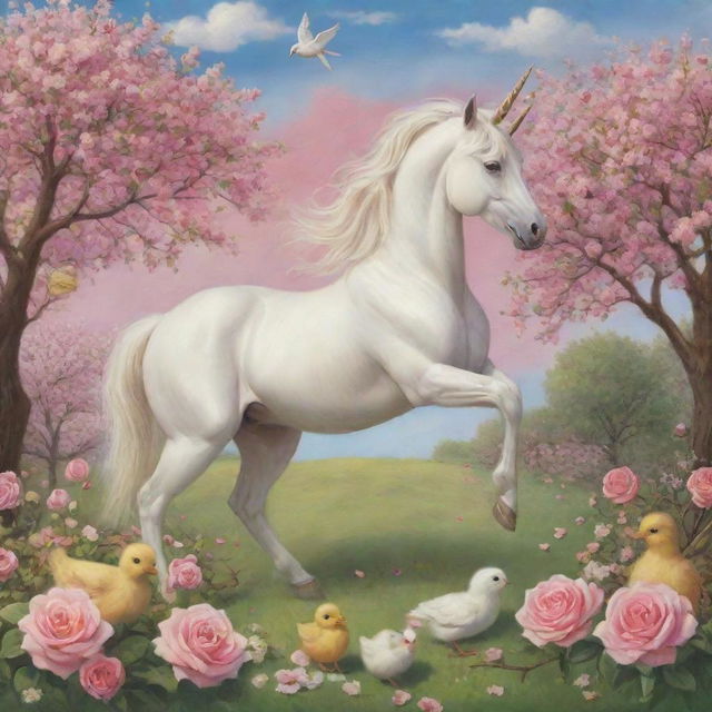 A playful scene with a unicorn, a chick, surrounded by blooming roses and cherry blossoms under a lucky clover sky.