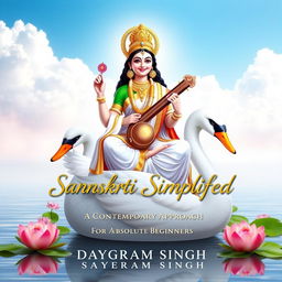 A serene and divine image of Goddess Saraswati, the Hindu goddess of knowledge, music, art, wisdom, and learning