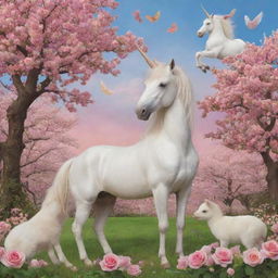 A playful scene with a unicorn, a chick, surrounded by blooming roses and cherry blossoms under a lucky clover sky.