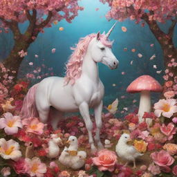 A whimsical landscape with a unicorn and chick among blooming roses, cherry blossoms, hibiscus, shells and mushrooms, sweet candies lying around, all bathed in a glow of falling maple leaves