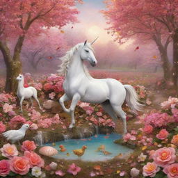 A whimsical landscape with a unicorn and chick among blooming roses, cherry blossoms, hibiscus, shells and mushrooms, sweet candies lying around, all bathed in a glow of falling maple leaves