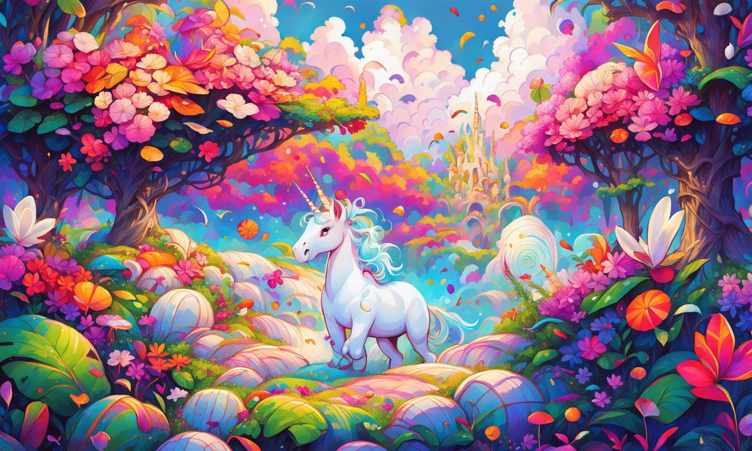 A whimsical landscape featuring a unicorn and chick among blooming roses, cherry blossoms, hibiscus flowers, seashells, mushrooms, candies under a sky of falling maple leaves on a clover field