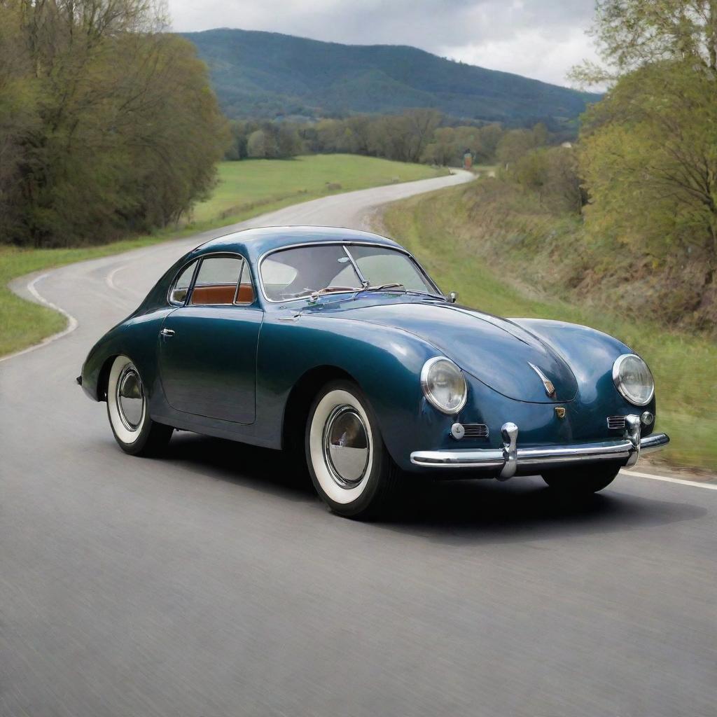 Imagine a 1940s Porsche model with their iconic curvy design, glossy paint, chrome detailing, perched on a beautiful country road