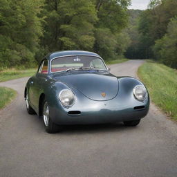 Imagine a 1940s Porsche model with their iconic curvy design, glossy paint, chrome detailing, perched on a beautiful country road