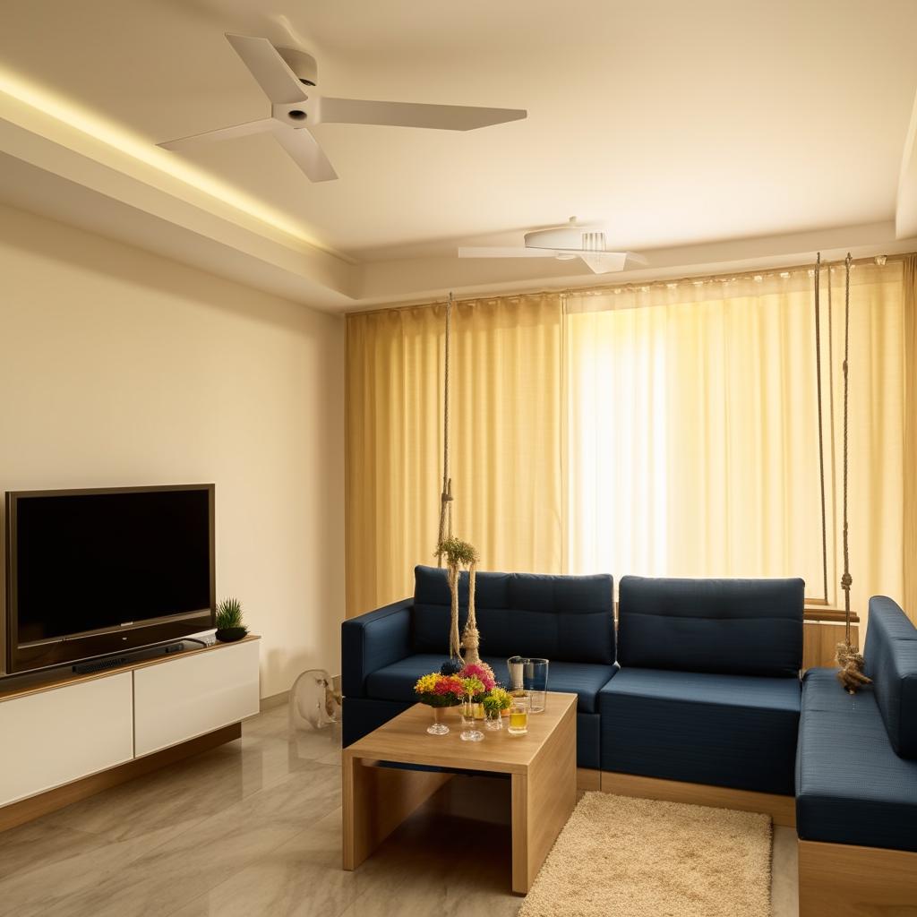 1500 sq feet 3bhk apartment with a small balcony, featuring a living room with L-shaped blue sofa, hanging swing, and a TV cabinet, alongside a modular kitchen equipped with a breakfast table, stove, multipurpose sink, chimney, several cabinets, drawers, and a service platform.