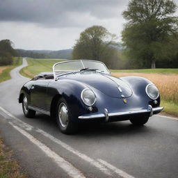 Imagine a 1940s Porsche model with their iconic curvy design, glossy paint, chrome detailing, perched on a beautiful country road