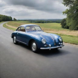 Imagine a 1940s Porsche model with their iconic curvy design, glossy paint, chrome detailing, perched on a beautiful country road