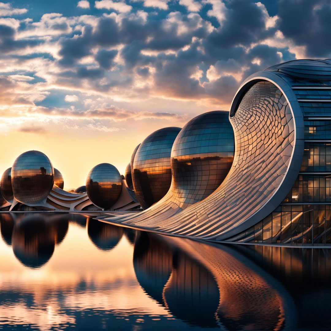 Futuristic cityscape featuring minimalist, modern dome-shaped buildings with twisting rain screen facades inspired by snake skin, adorned with many small glass windows reflecting the calm water, under a setting sun