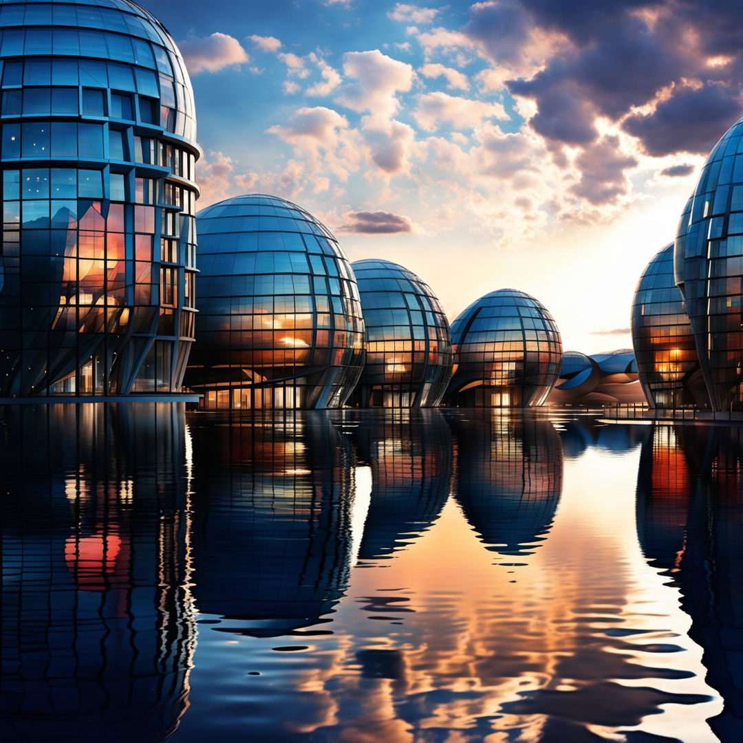 Futuristic cityscape featuring minimalist, modern dome-shaped buildings with twisting rain screen facades inspired by snake skin, adorned with many small glass windows reflecting the calm water, under a setting sun