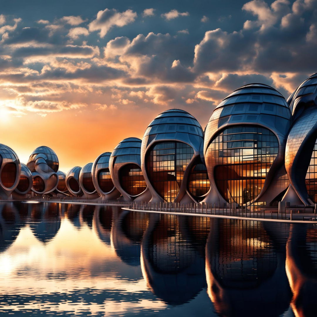 Futuristic cityscape featuring minimalist, modern dome-shaped buildings with twisting rain screen facades inspired by snake skin, adorned with many small glass windows reflecting the calm water, under a setting sun