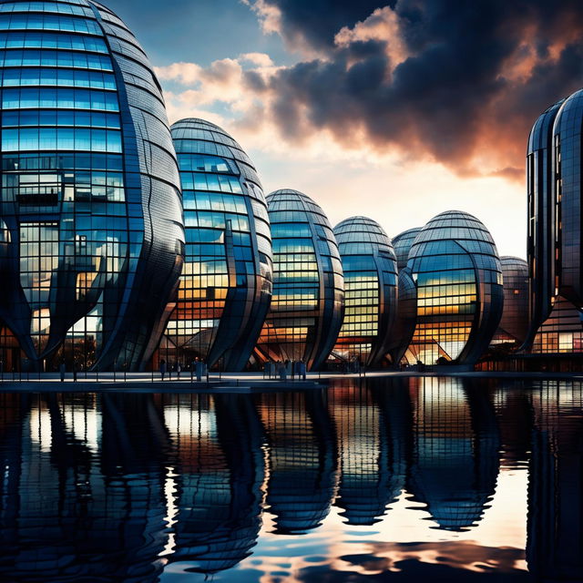 Futuristic cityscape featuring minimalist, modern dome-shaped buildings with twisting rain screen facades inspired by snake skin, adorned with many small glass windows reflecting the calm water, under a setting sun