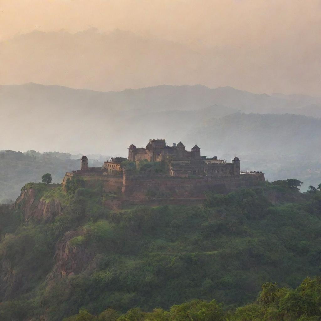 A fort in Maharashtra, India, seen during the morning against the backdrop of misty mountains.