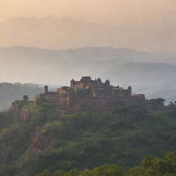 A fort in Maharashtra, India, seen during the morning against the backdrop of misty mountains.