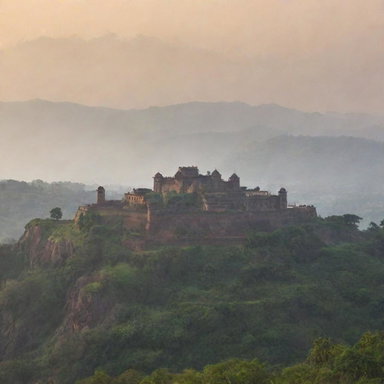A fort in Maharashtra, India, seen during the morning against the backdrop of misty mountains.