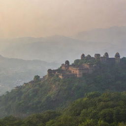 A fort in Maharashtra, India, seen during the morning against the backdrop of misty mountains.