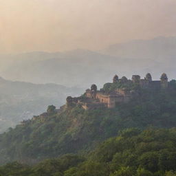 A fort in Maharashtra, India, seen during the morning against the backdrop of misty mountains.