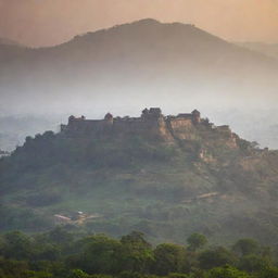 A fort in Maharashtra, India, seen during the morning against the backdrop of misty mountains.