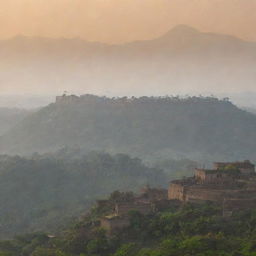 A fort in Maharashtra, India, seen during the morning against the backdrop of misty mountains.