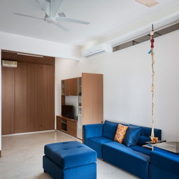 1500 sq feet 3bhk apartment with a small balcony, featuring a living room with L-shaped blue sofa, hanging swing, and a TV cabinet, alongside a modular kitchen equipped with a breakfast table, stove, multipurpose sink, chimney, several cabinets, drawers, and a service platform.