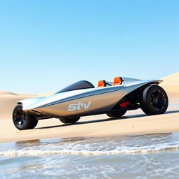 An amphibious vehicle designed with no doors and retractable wheels, seamlessly blending features of the Schwimmwagen and the Manx Dune Buggy